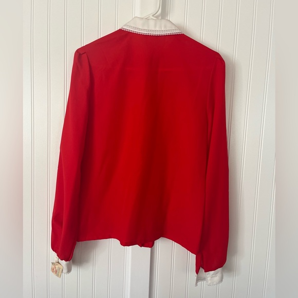 Vintage Red Blouse Bow Tie Neck White Collar Lace Pleated Front Alice Stuart - Picture 11 of 15